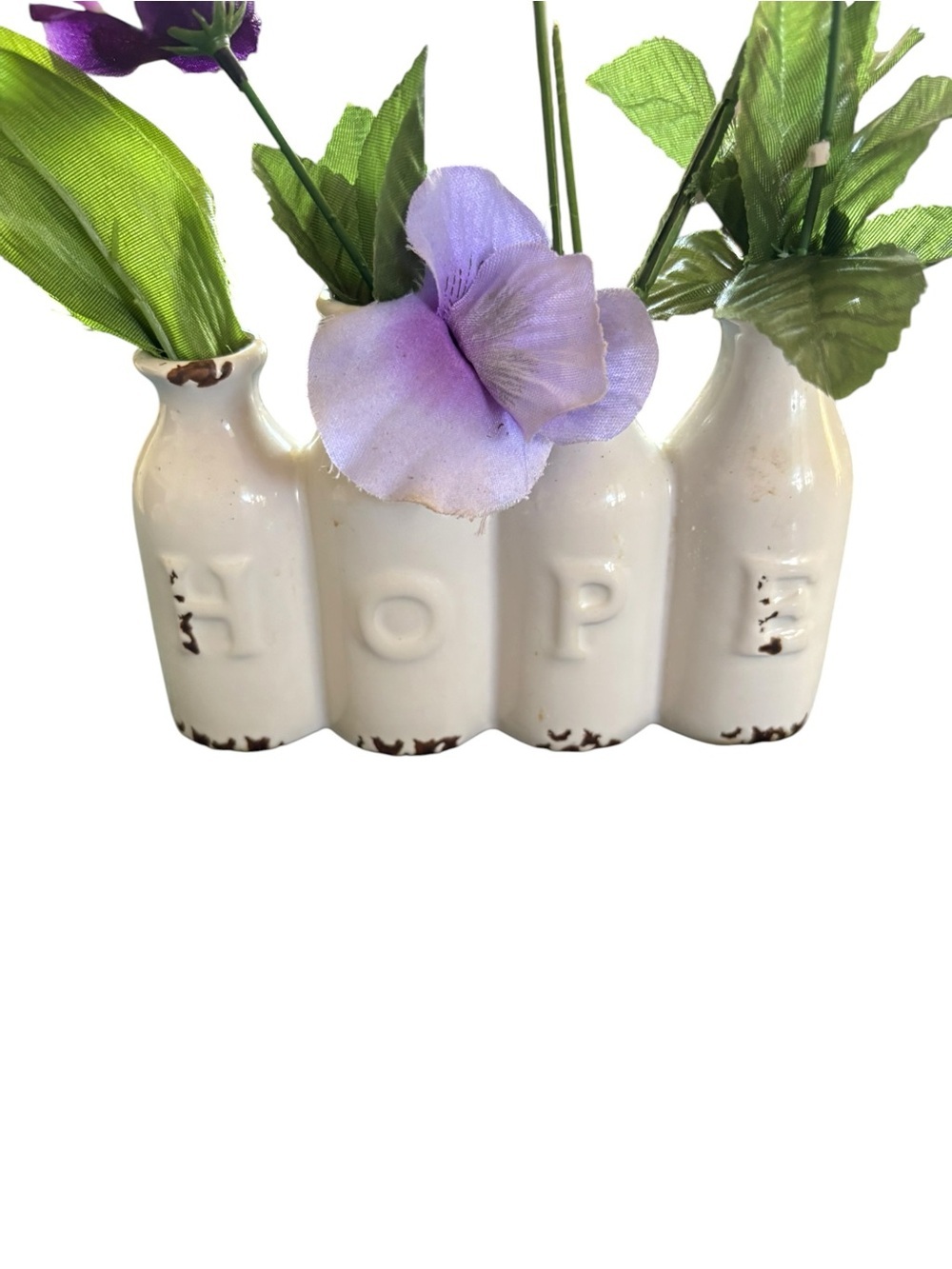 HOPE " Milk Jug Bud Vase Rustic Distressed  Finish Ceramic White 6X4 Decorative